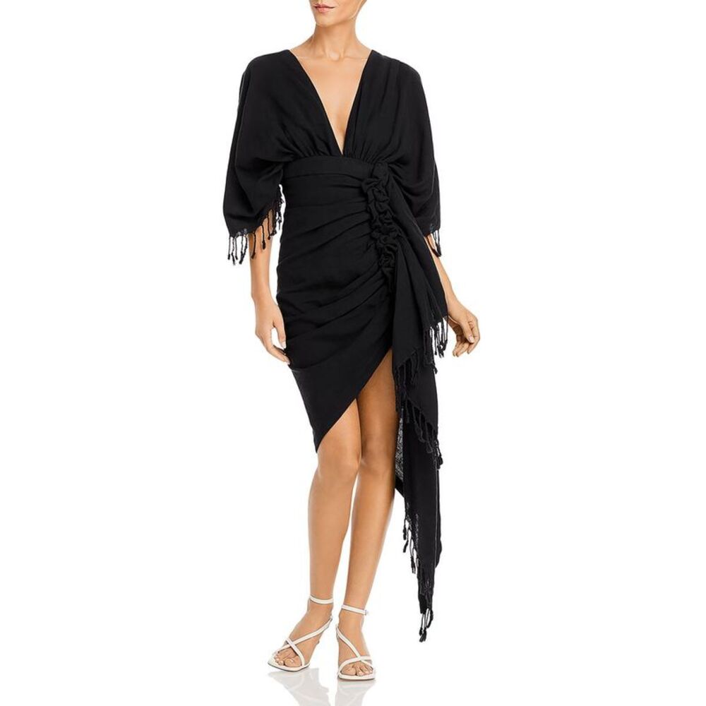Black Draped V-Neck Ruched Cocktail Dress